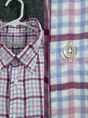 Faconnable OCBD Pink Blue 17 Plaid Button-Down Logo Mens Shirt Pocket French